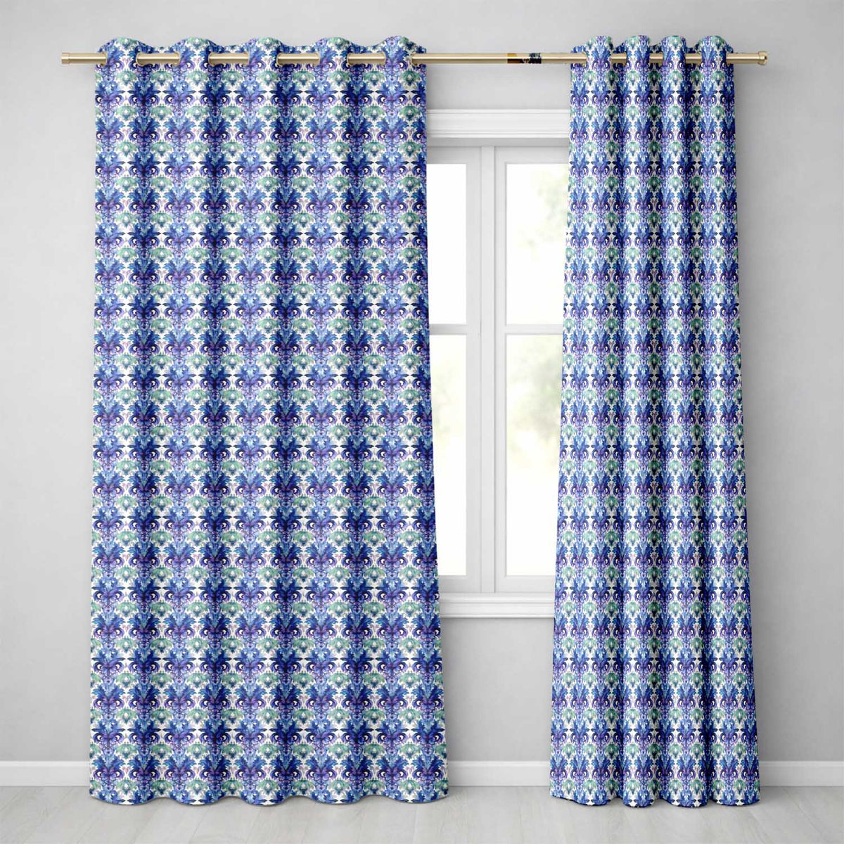 Cool Blue and Teal Watercolor Floral Ornamental Seamless Pattern  Readymade Eyelet Ring Top Thermal 100% Blackout Curtains