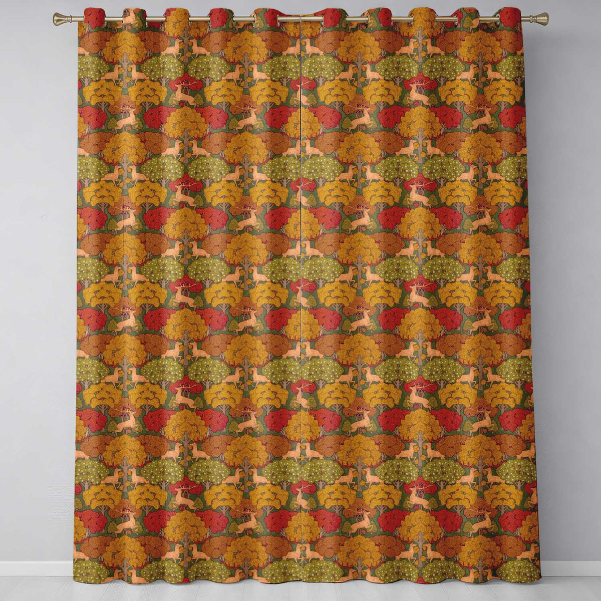Autumn Forest Deer with Golden Trees Woodland Seamless Pattern  Readymade Eyelet Ring Top Thermal 100% Blackout Curtains