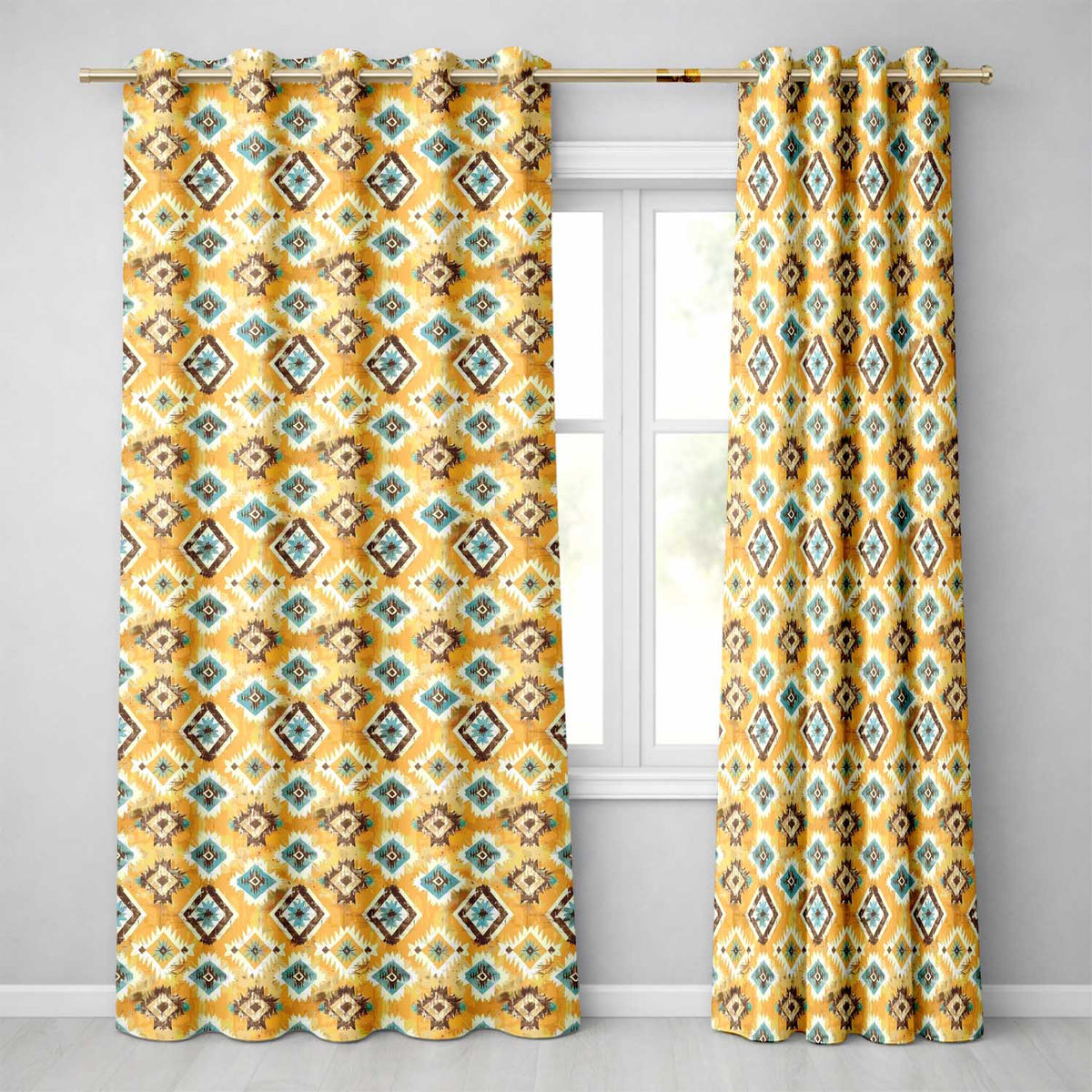 Mustard Yellow and Teal Aztec Geometric Tribal Seamless Pattern  Readymade Eyelet Ring Top Thermal 100% Blackout Curtains