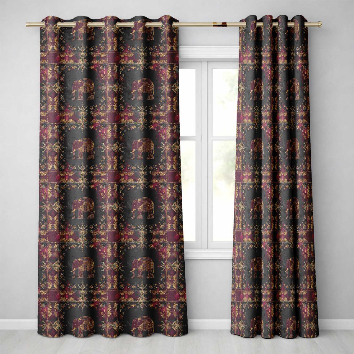 Ornate Gold Elephant and Floral Vintage Seamless Pattern  Readymade Eyelet Ring Top Thermal 100% Blackout Curtains