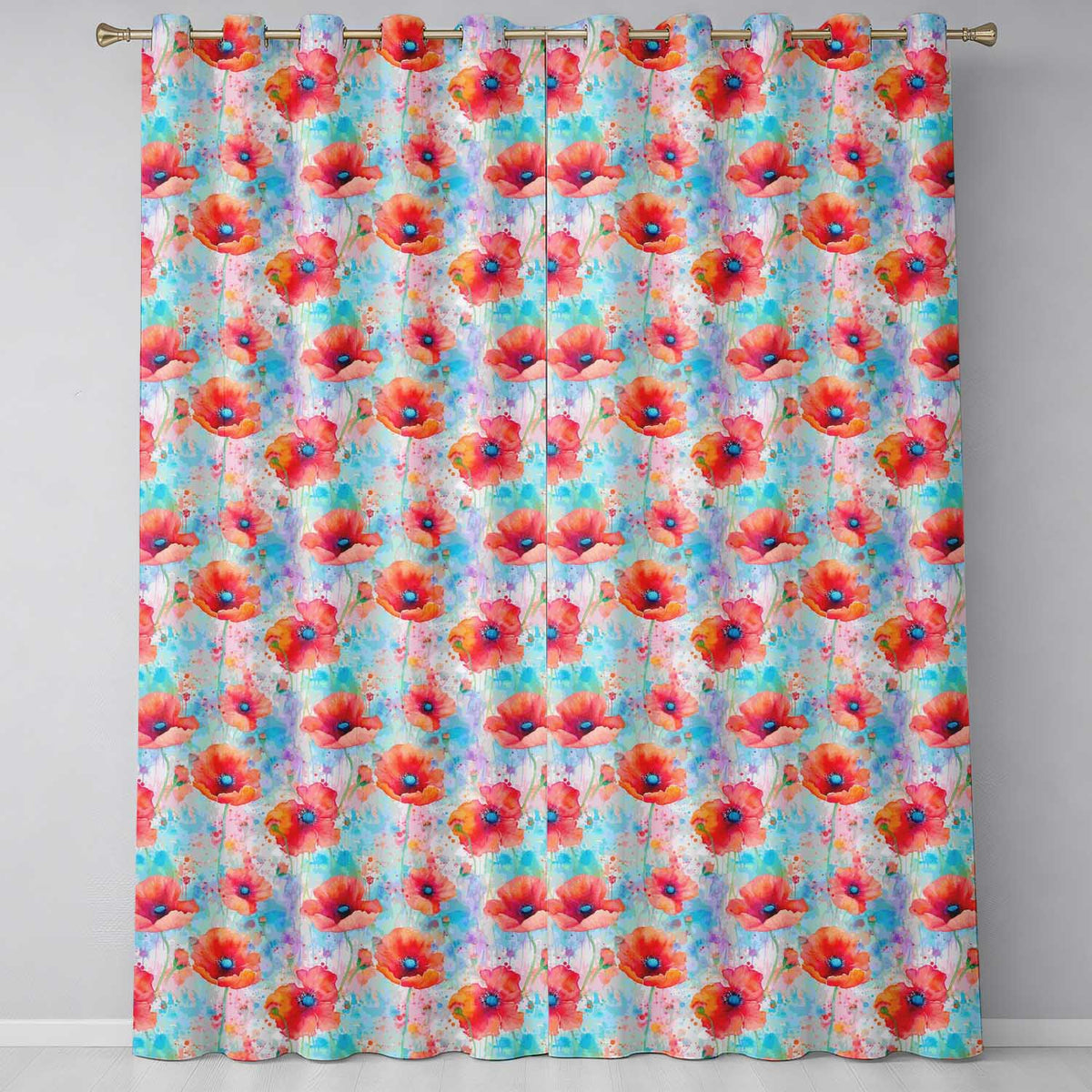 Bright Poppy Flowers on Soft Blue Watercolor Background Seamless Pattern  Readymade Eyelet Ring Top Thermal 100% Blackout Curtains