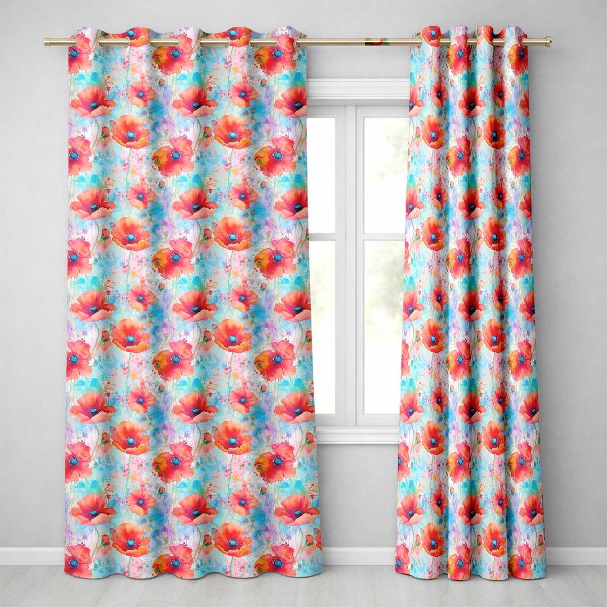 Bright Poppy Flowers on Soft Blue Watercolor Background Seamless Pattern  Readymade Eyelet Ring Top Thermal 100% Blackout Curtains