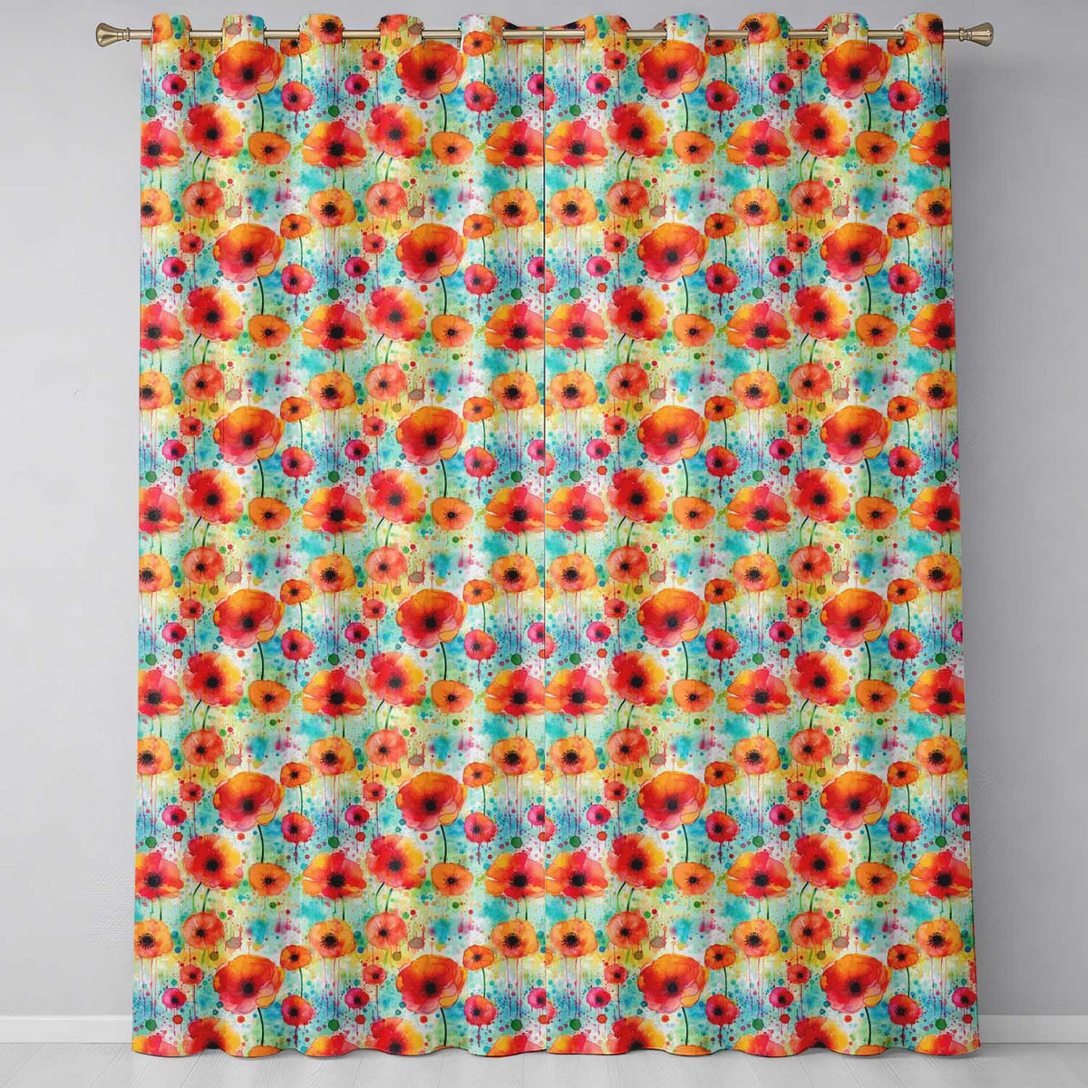 Colorful Watercolor Poppy Garden Artistic Seamless Pattern  Readymade Eyelet Ring Top Thermal 100% Blackout Curtains