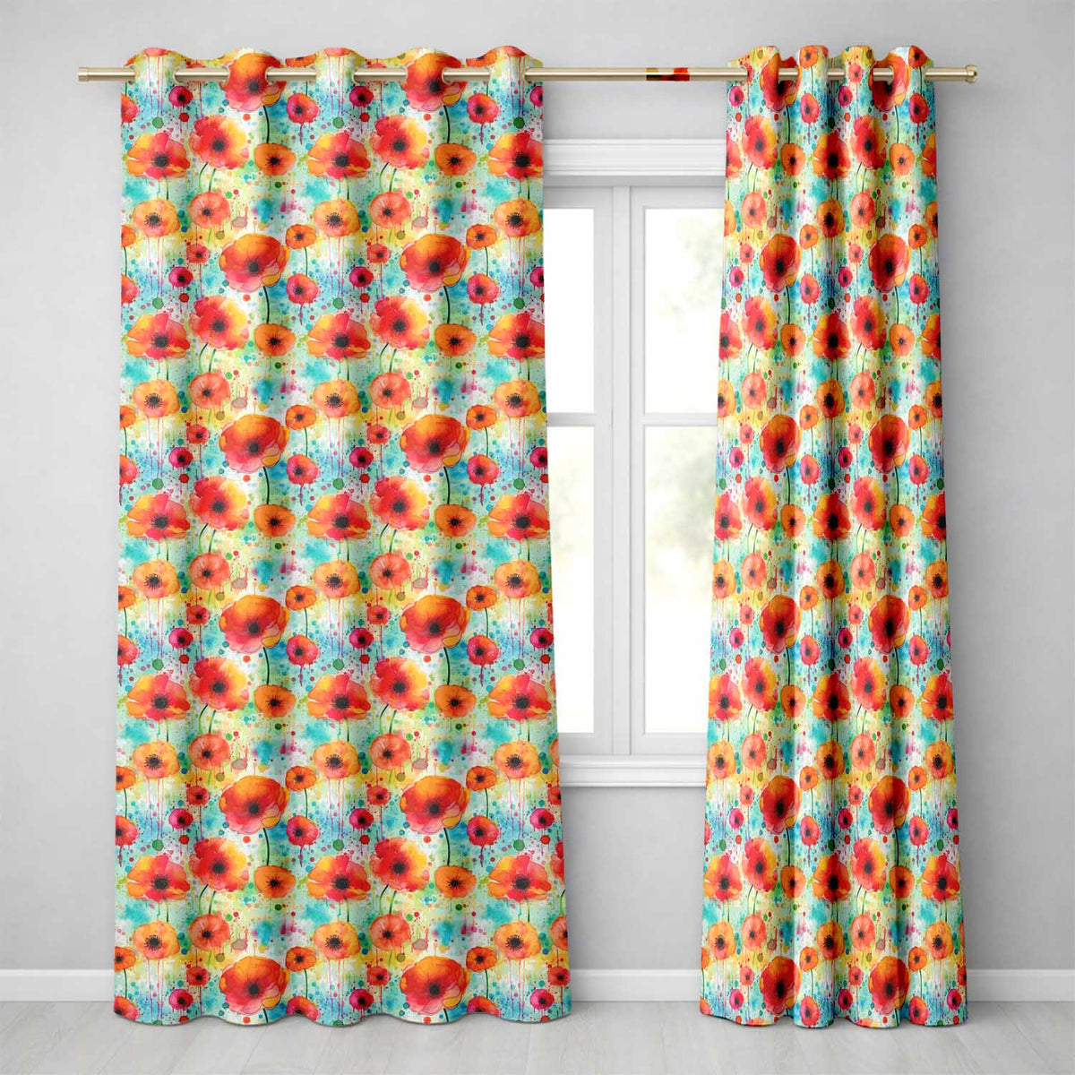Colorful Watercolor Poppy Garden Artistic Seamless Pattern  Readymade Eyelet Ring Top Thermal 100% Blackout Curtains