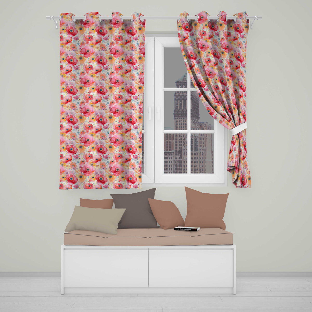 Soft Pastel Poppy Floral Watercolor Artistic Seamless Pattern  Readymade Eyelet Ring Top Thermal 100% Blackout Curtains