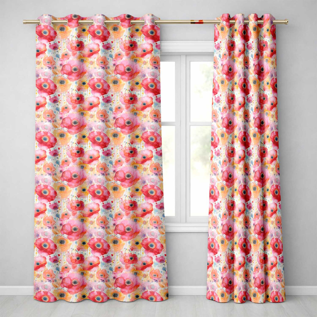 Soft Pastel Poppy Floral Watercolor Artistic Seamless Pattern  Readymade Eyelet Ring Top Thermal 100% Blackout Curtains