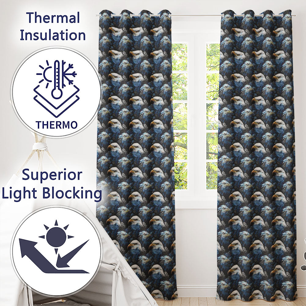 Detailed Blue Tone Eagle Wildlife Seamless Pattern  Readymade Eyelet Ring Top Thermal 100% Blackout Curtains