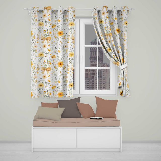 Elegant Yellow Floral Bow Botanical Seamless Pattern  Readymade Eyelet Ring Top Thermal 100% Blackout Curtains