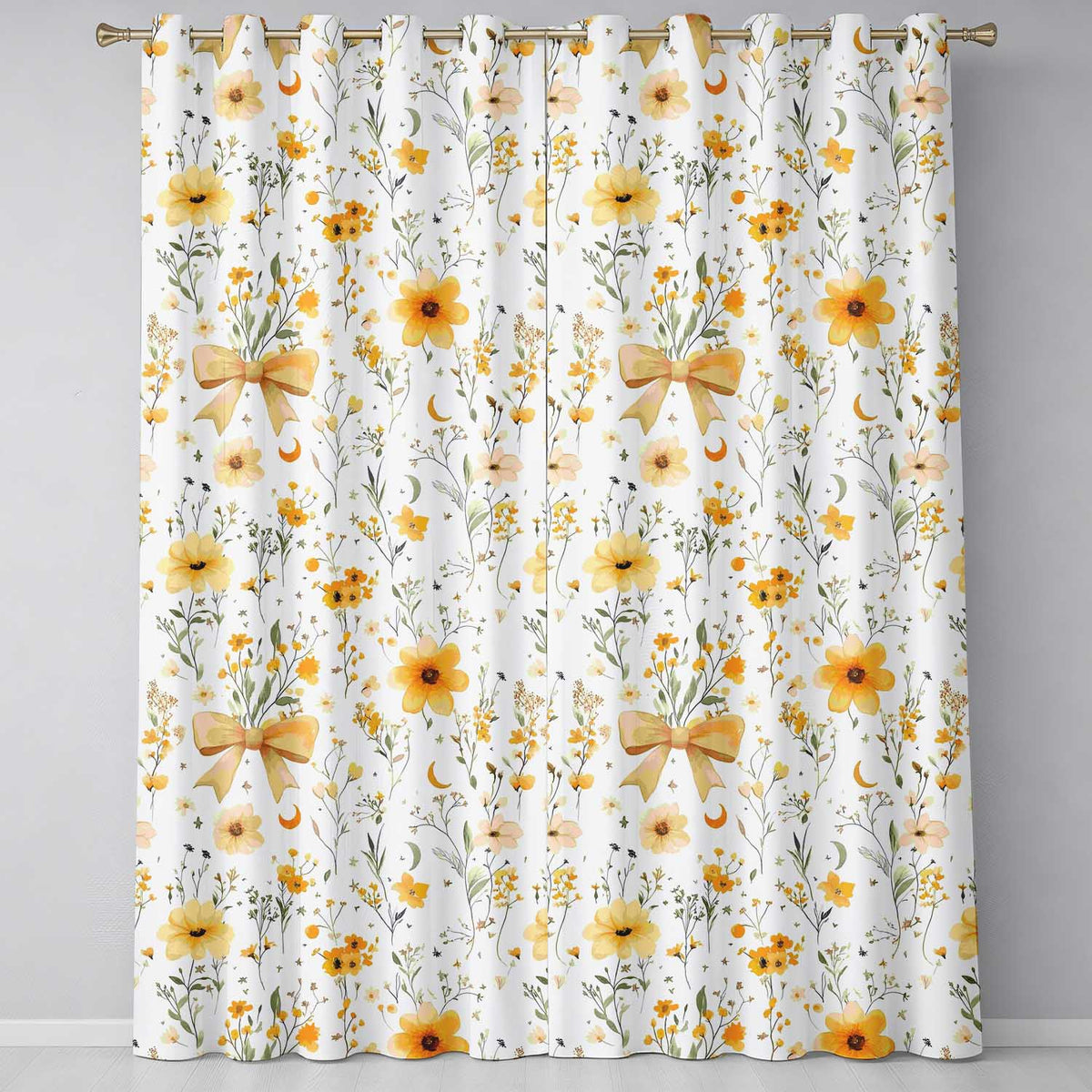Elegant Yellow Floral Bow Botanical Seamless Pattern  Readymade Eyelet Ring Top Thermal 100% Blackout Curtains