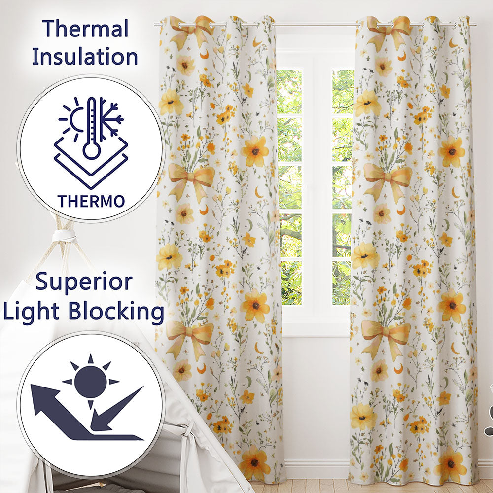 Elegant Yellow Floral Bow Botanical Seamless Pattern  Readymade Eyelet Ring Top Thermal 100% Blackout Curtains