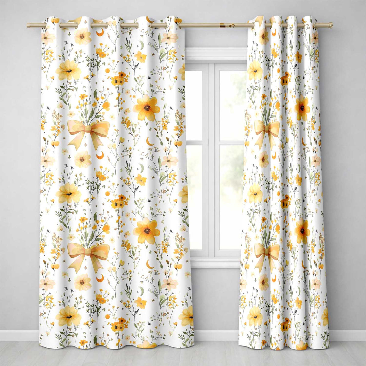 Elegant Yellow Floral Bow Botanical Seamless Pattern  Readymade Eyelet Ring Top Thermal 100% Blackout Curtains