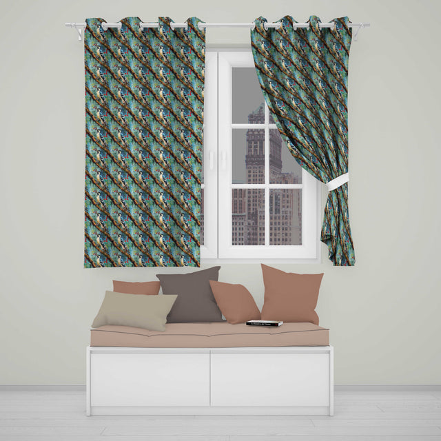 Artistic Blue Woodpecker on Tree Branch Seamless Pattern  Readymade Eyelet Ring Top Thermal 100% Blackout Curtains