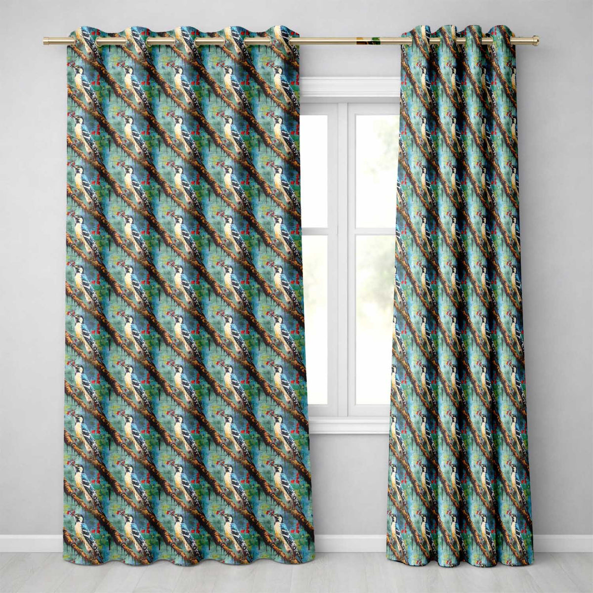 Artistic Blue Woodpecker on Tree Branch Seamless Pattern  Readymade Eyelet Ring Top Thermal 100% Blackout Curtains
