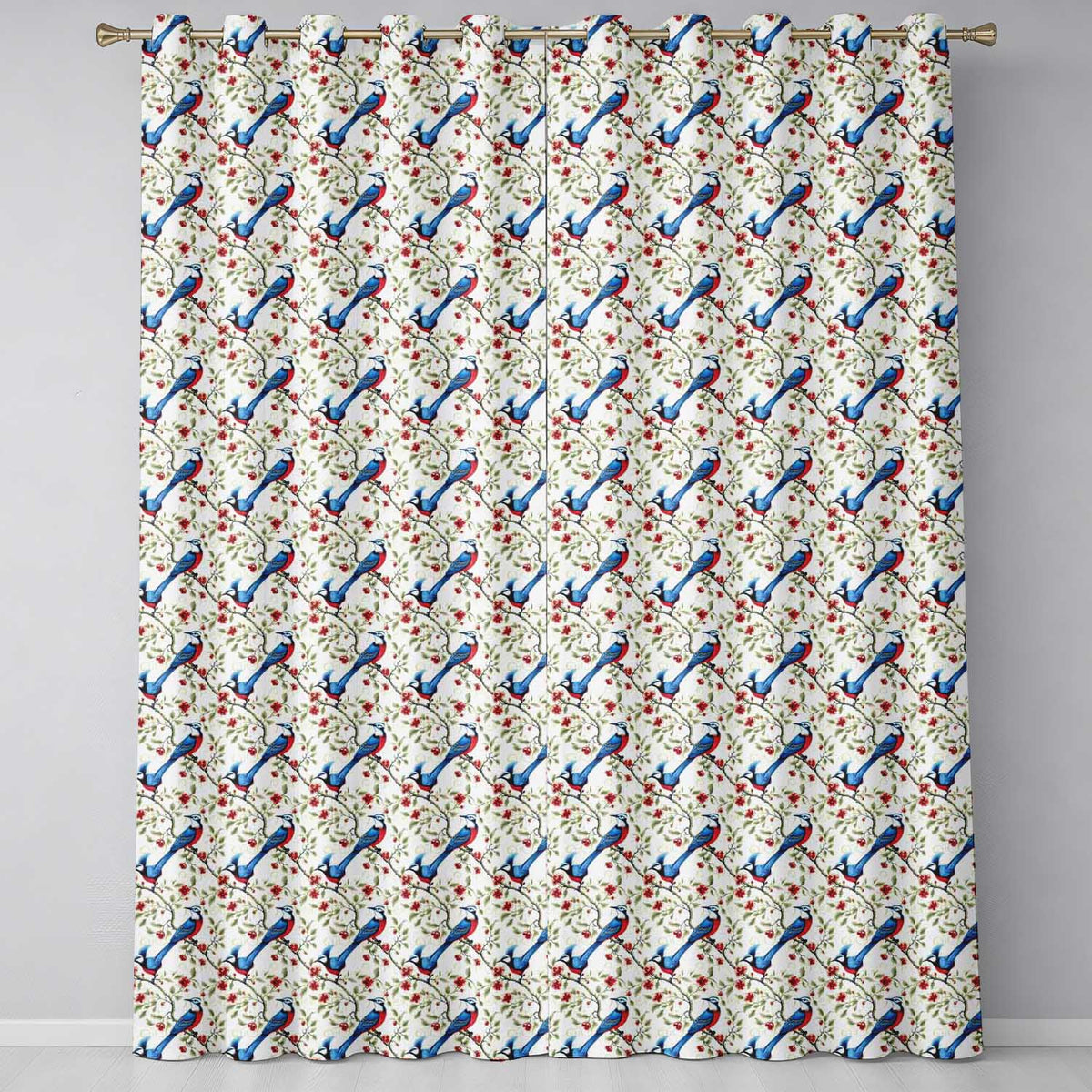 Elegant Blue and Red Birds with Floral Branch Seamless Pattern  Readymade Eyelet Ring Top Thermal 100% Blackout Curtains