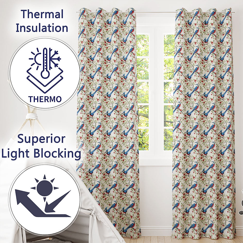 Elegant Blue and Red Birds with Floral Branch Seamless Pattern  Readymade Eyelet Ring Top Thermal 100% Blackout Curtains