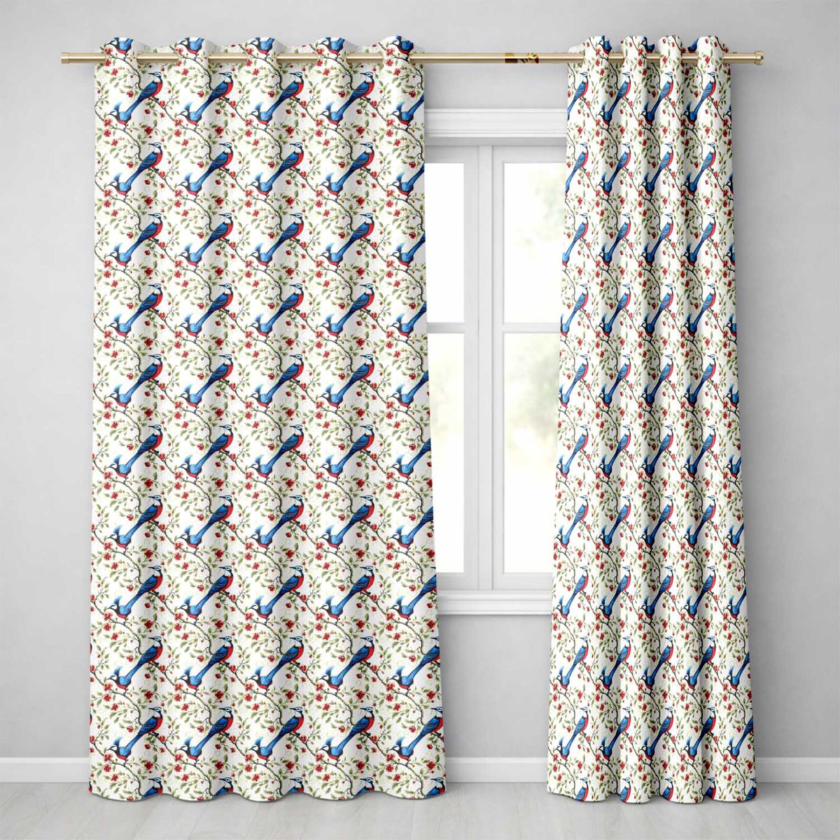 Elegant Blue and Red Birds with Floral Branch Seamless Pattern  Readymade Eyelet Ring Top Thermal 100% Blackout Curtains