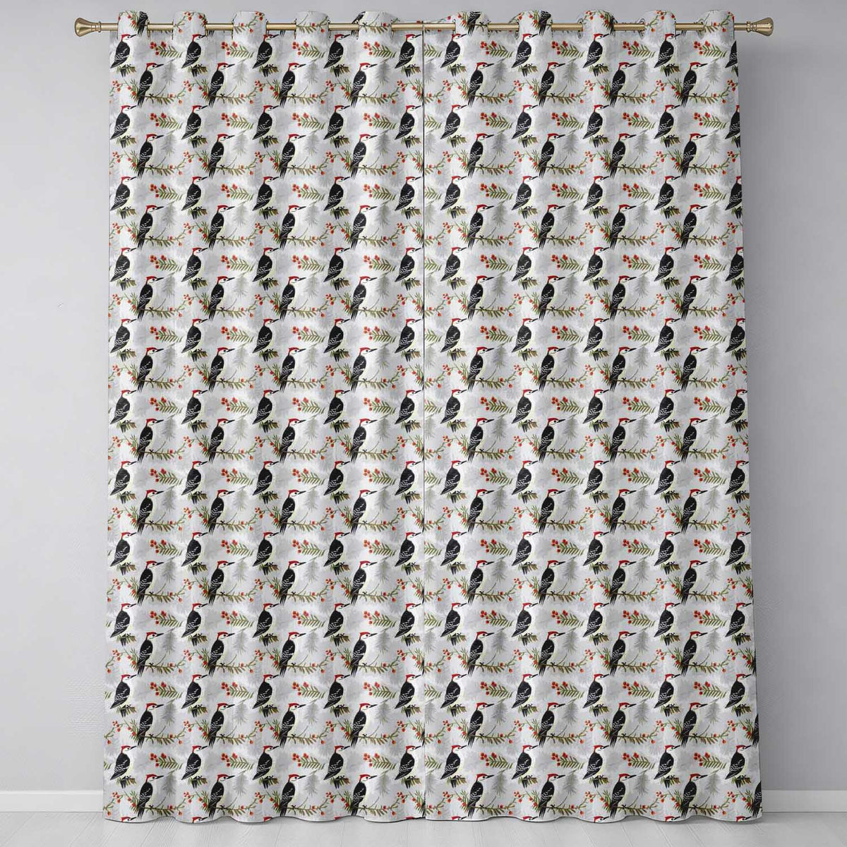 Classic Black White Woodpecker with Berry Branch Seamless Pattern  Readymade Eyelet Ring Top Thermal 100% Blackout Curtains