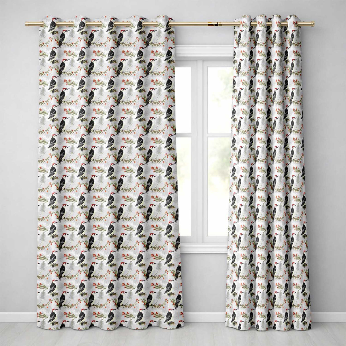 Classic Black White Woodpecker with Berry Branch Seamless Pattern  Readymade Eyelet Ring Top Thermal 100% Blackout Curtains