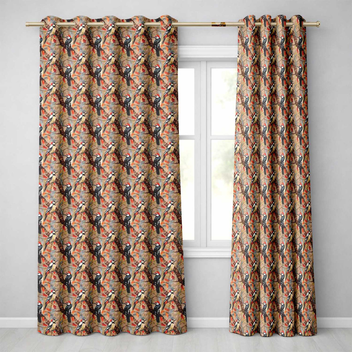 Autumn Woodpecker Birds with Orange Leaves Seamless Pattern  Readymade Eyelet Ring Top Thermal 100% Blackout Curtains