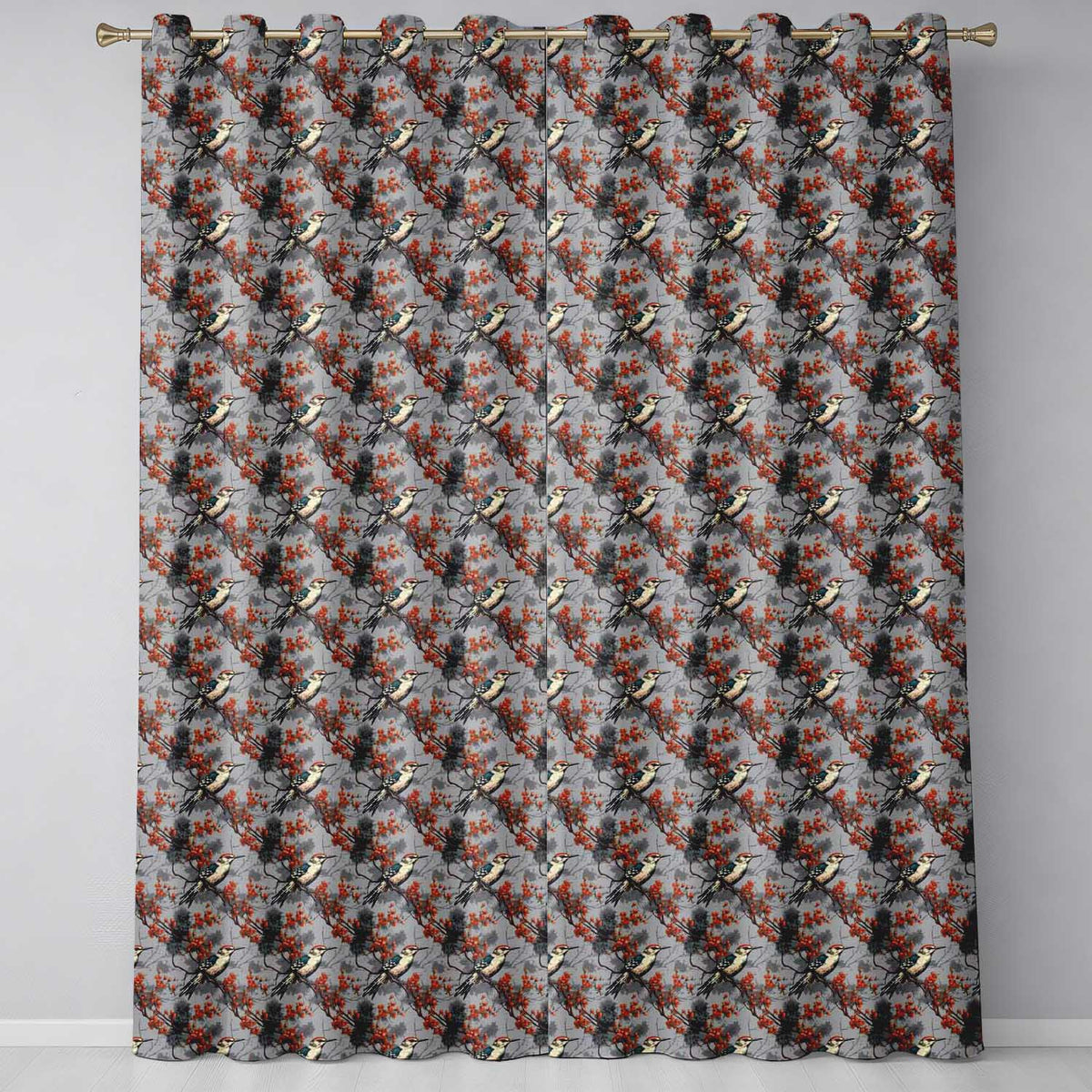 Decorative Bird with Red Berry Branch Seamless Pattern  Readymade Eyelet Ring Top Thermal 100% Blackout Curtains