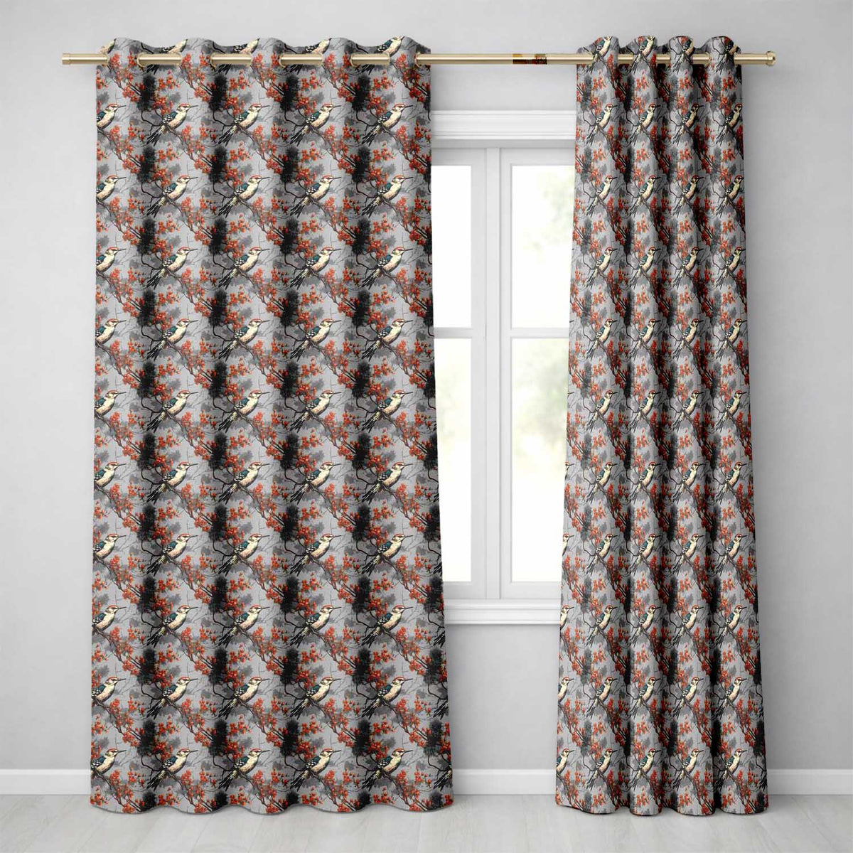 Decorative Bird with Red Berry Branch Seamless Pattern  Readymade Eyelet Ring Top Thermal 100% Blackout Curtains