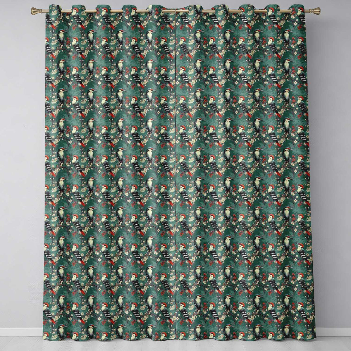 Vintage Style Woodpecker Birds with Blossoms and Berries Seamless Pattern  Readymade Eyelet Ring Top Thermal 100% Blackout Curtains