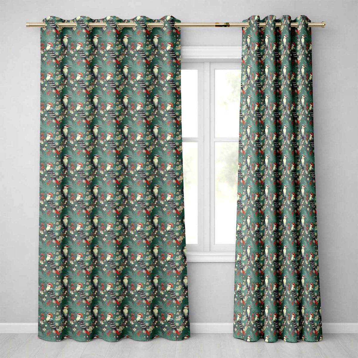 Vintage Style Woodpecker Birds with Blossoms and Berries Seamless Pattern  Readymade Eyelet Ring Top Thermal 100% Blackout Curtains