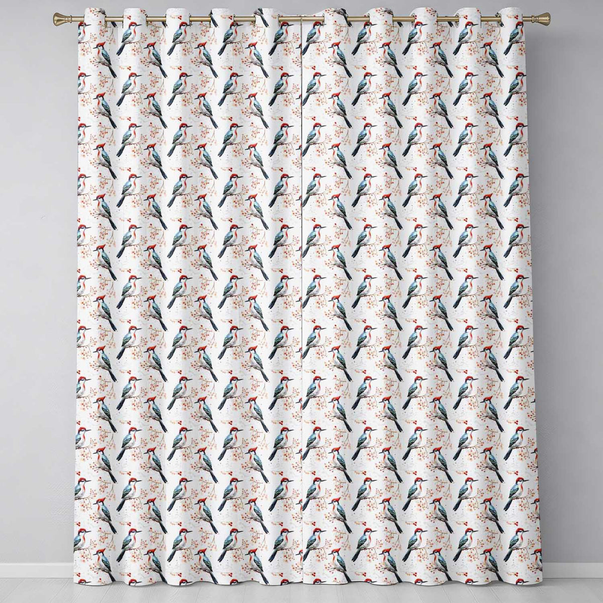 Soft Watercolor Woodpecker Birds with Berry Branch Seamless Pattern  Readymade Eyelet Ring Top Thermal 100% Blackout Curtains