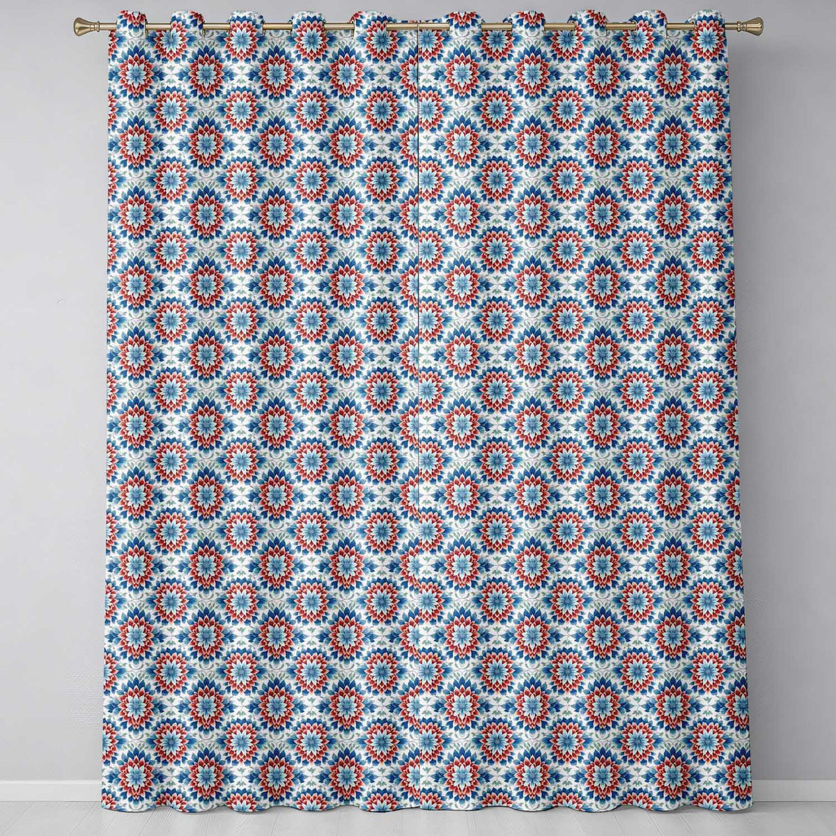 Blue and Red Floral Mandala Tile Seamless Pattern  Readymade Eyelet Ring Top Thermal 100% Blackout Curtains