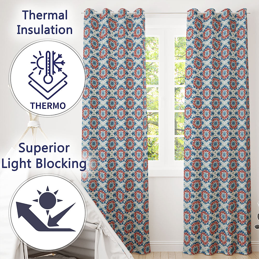 Blue and Red Floral Mandala Tile Seamless Pattern  Readymade Eyelet Ring Top Thermal 100% Blackout Curtains