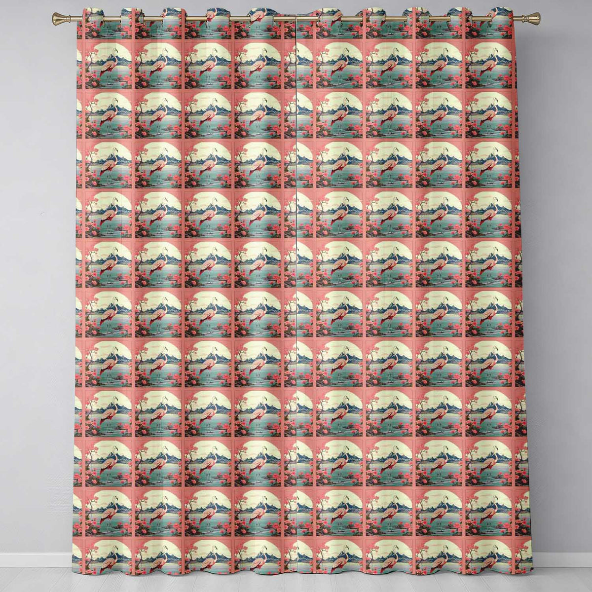 Elegant Flamingo Lake with Cherry Blossom and Mountain Scene Seamless Pattern  Readymade Eyelet Ring Top Thermal 100% Blackout Curtains