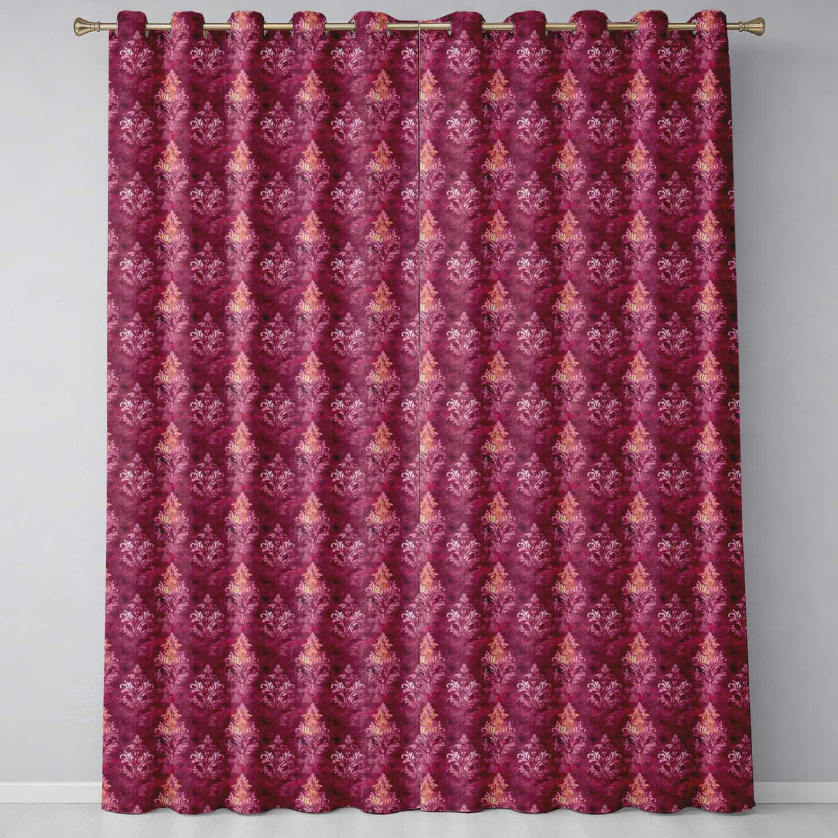 Rich Burgundy Watercolor Damask Ornamental Seamless Pattern  Readymade Eyelet Ring Top Thermal 100% Blackout Curtains