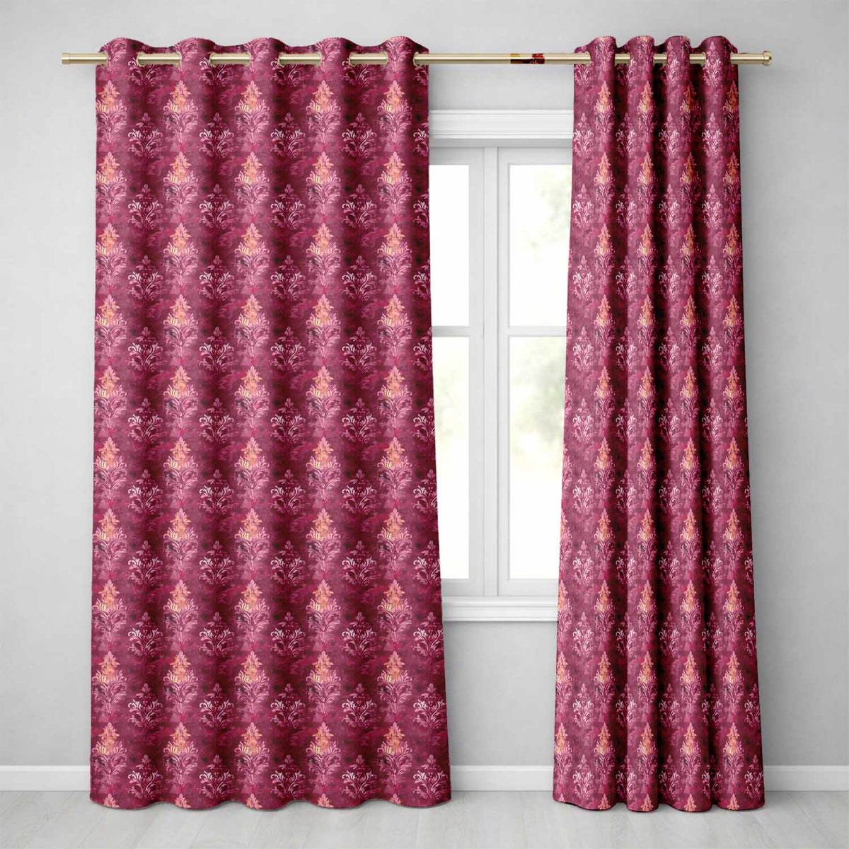 Rich Burgundy Watercolor Damask Ornamental Seamless Pattern  Readymade Eyelet Ring Top Thermal 100% Blackout Curtains