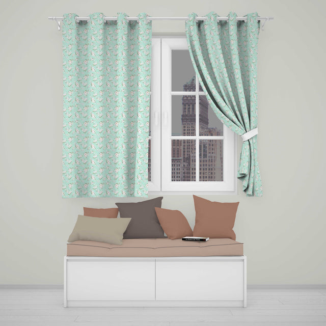 Delicate White Floral on Mint Green Seamless Pattern  Readymade Eyelet Ring Top Thermal 100% Blackout Curtains