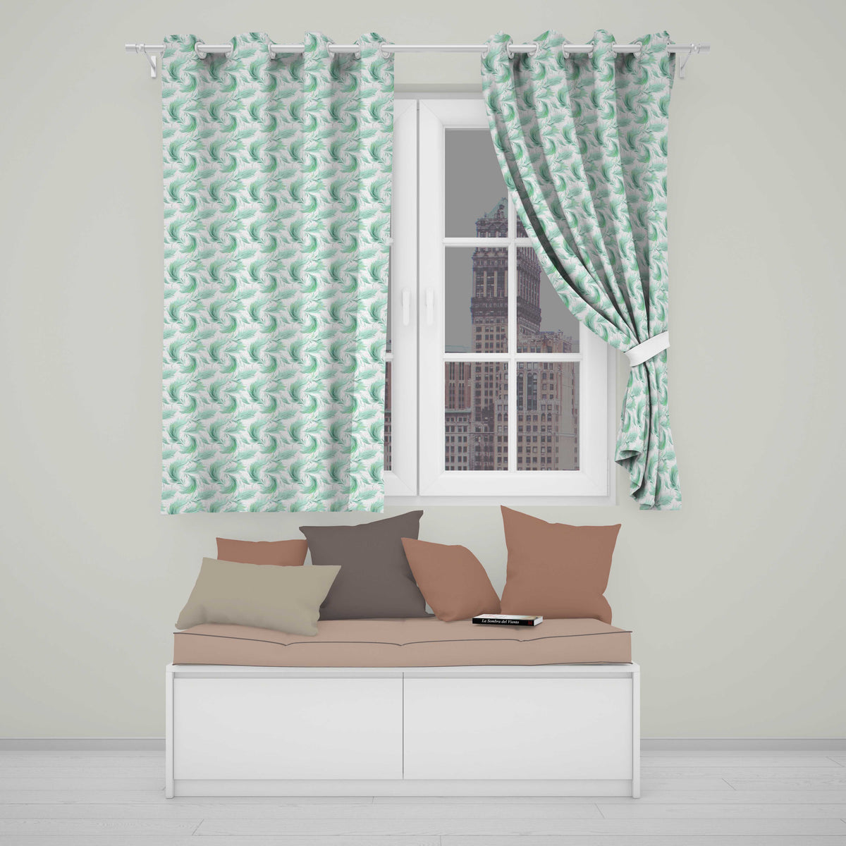 Abstract Mint Green Flowing Feather Swirl Seamless Pattern  Readymade Eyelet Ring Top Thermal 100% Blackout Curtains