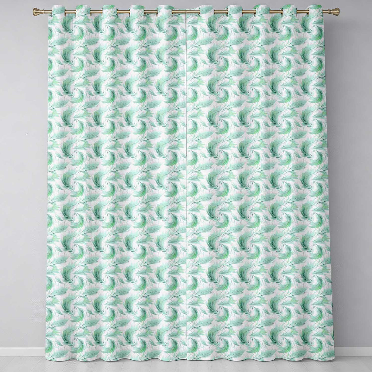 Abstract Mint Green Flowing Feather Swirl Seamless Pattern  Readymade Eyelet Ring Top Thermal 100% Blackout Curtains