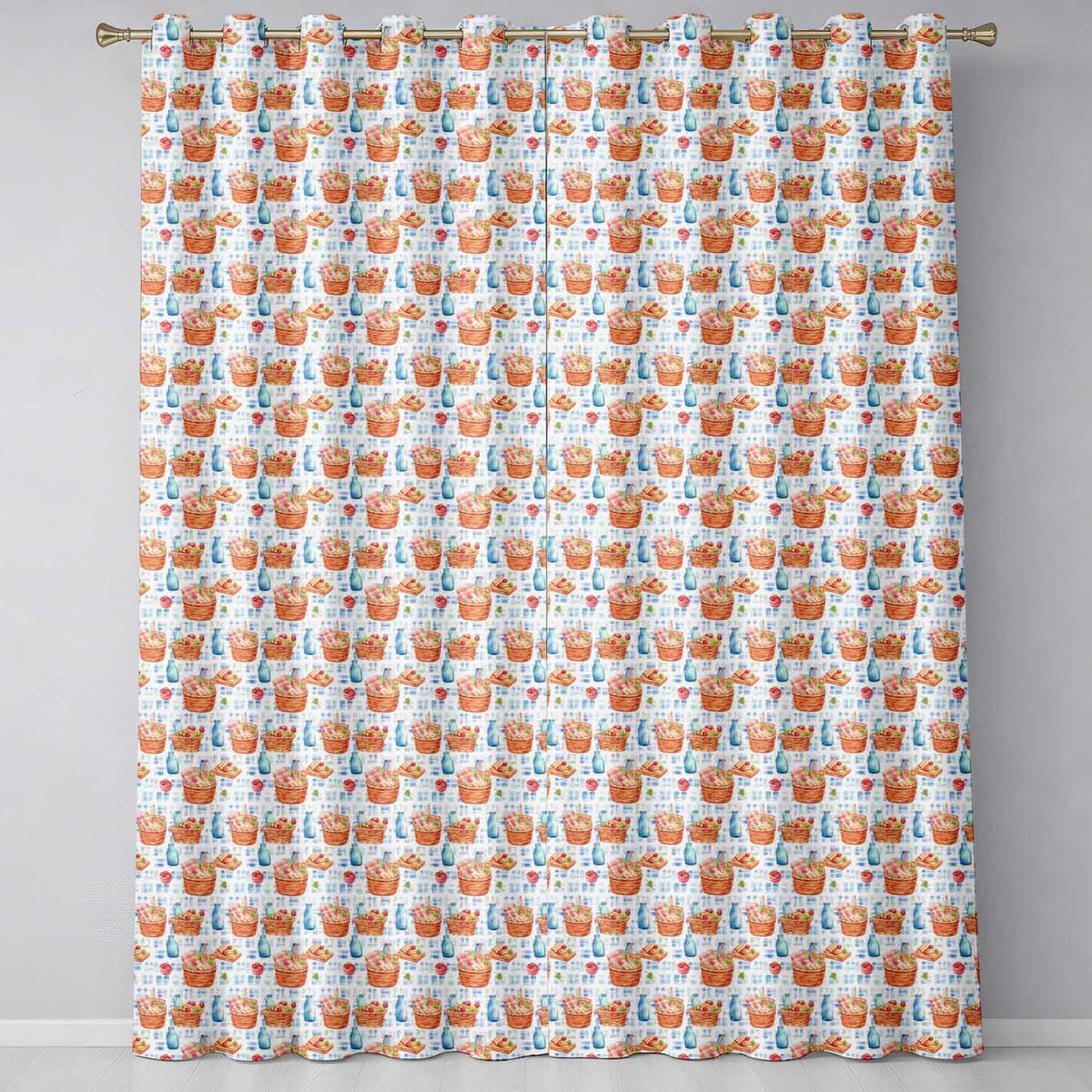 Watercolor Picnic Basket Food and Bottle Seamless Pattern  Readymade Eyelet Ring Top Thermal 100% Blackout Curtains