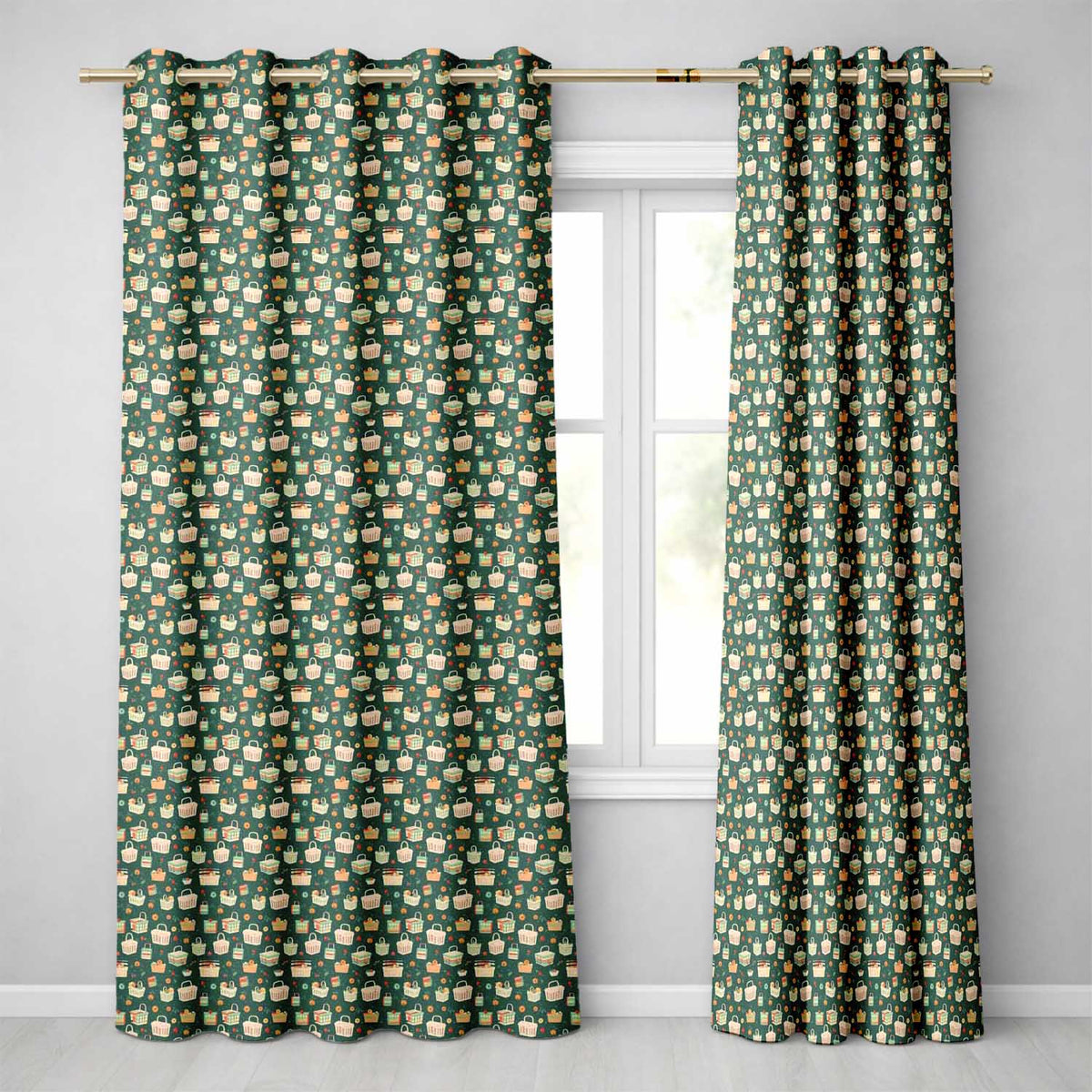 Playful Picnic Baskets and Fruit  Dark Background Seamless Pattern  Readymade Eyelet Ring Top Thermal 100% Blackout Curtains