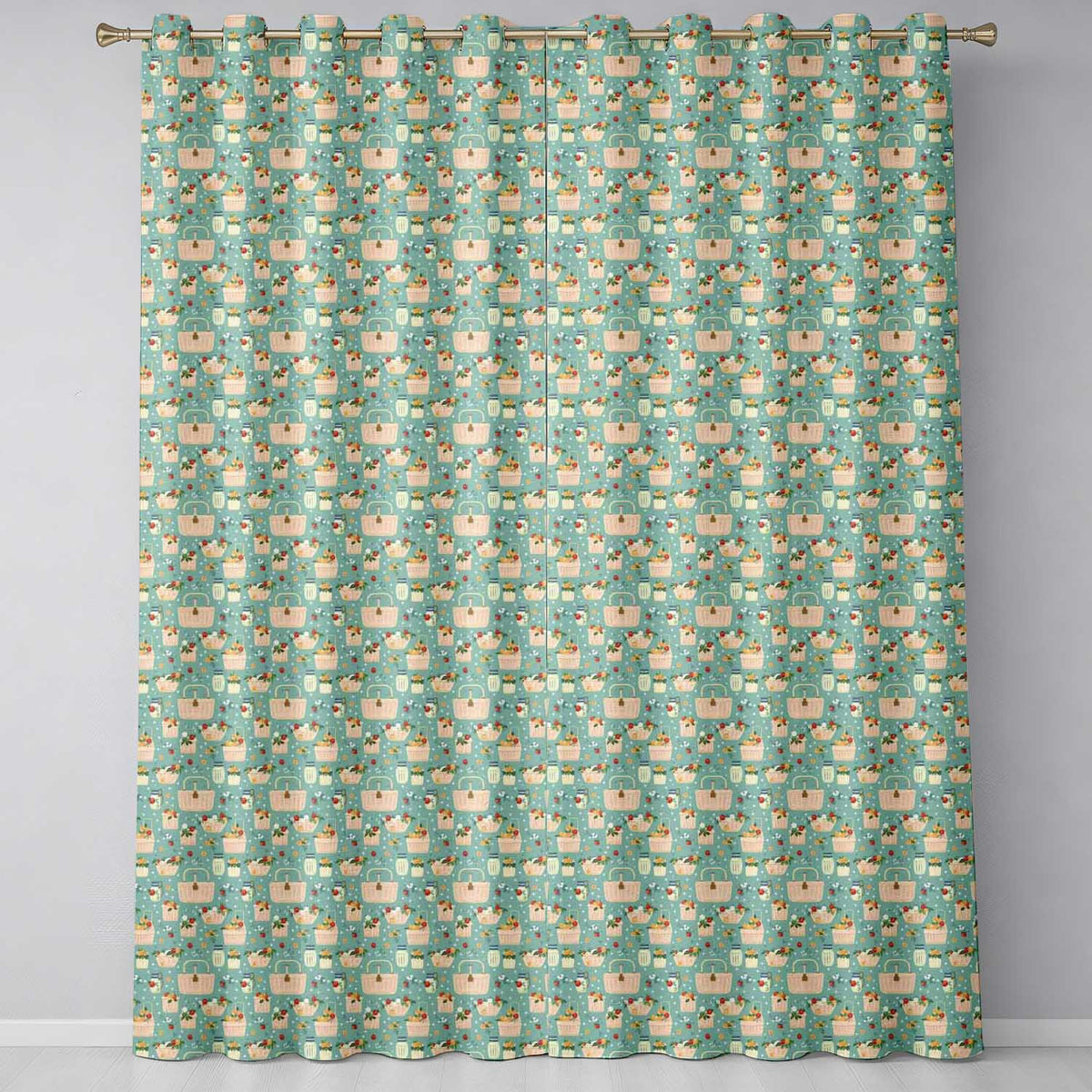 Fresh Picnic Baskets with Flowers and Jars Seamless Pattern  Readymade Eyelet Ring Top Thermal 100% Blackout Curtains