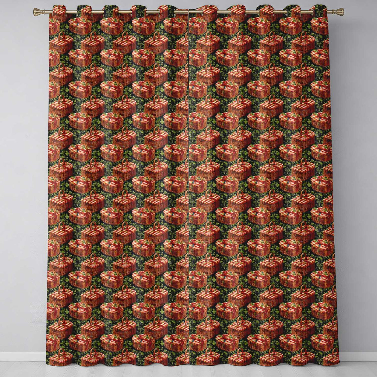 Red Gingham Picnic Basket with Strawberries Seamless Pattern  Readymade Eyelet Ring Top Thermal 100% Blackout Curtains