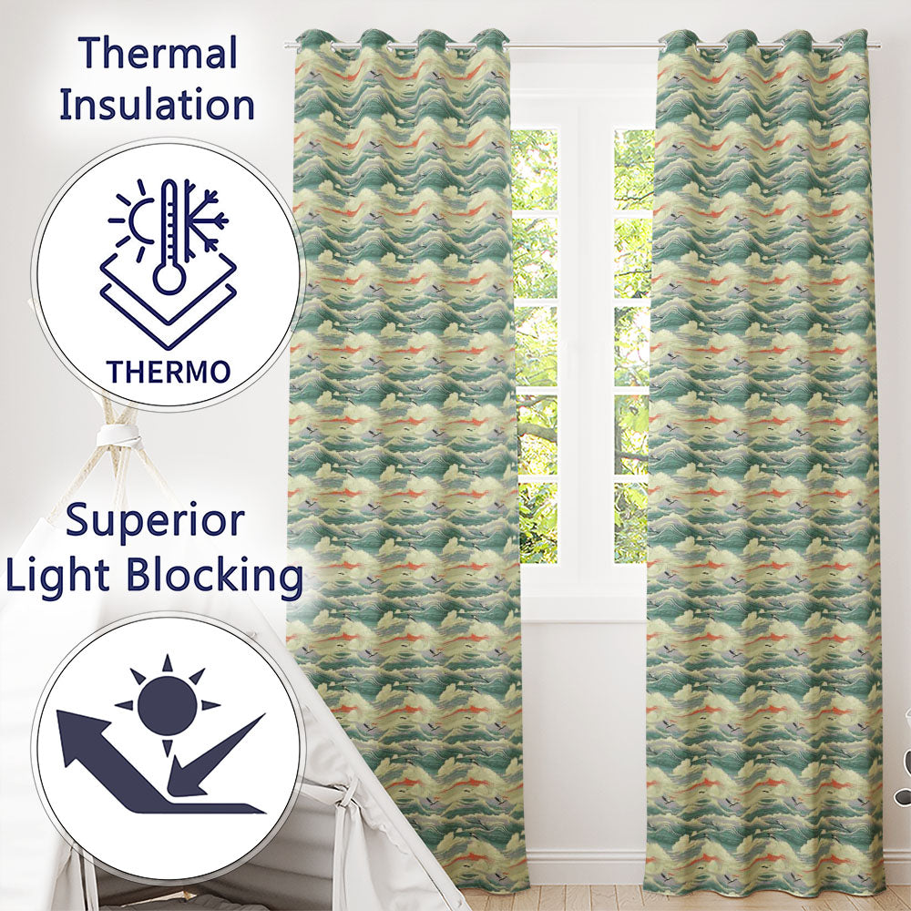Ocean Waves with Flying Seabirds Scenic Seamless Pattern  Readymade Eyelet Ring Top Thermal 100% Blackout Curtains