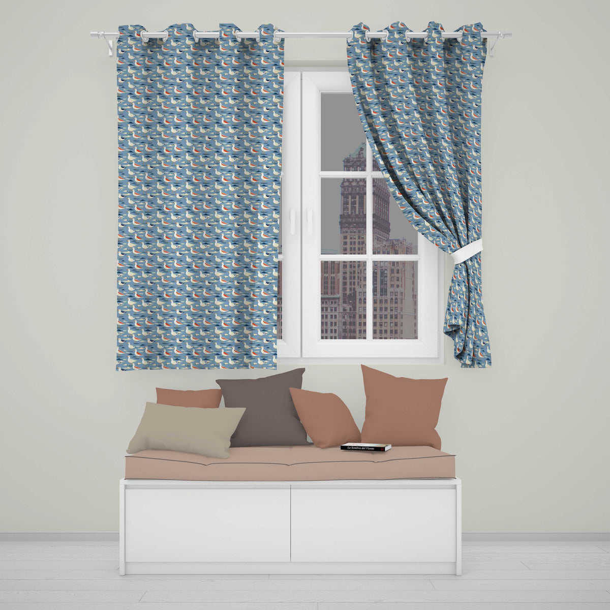 Stylized Seagulls with Abstract Ocean Shapes Seamless Pattern  Readymade Eyelet Ring Top Thermal 100% Blackout Curtains