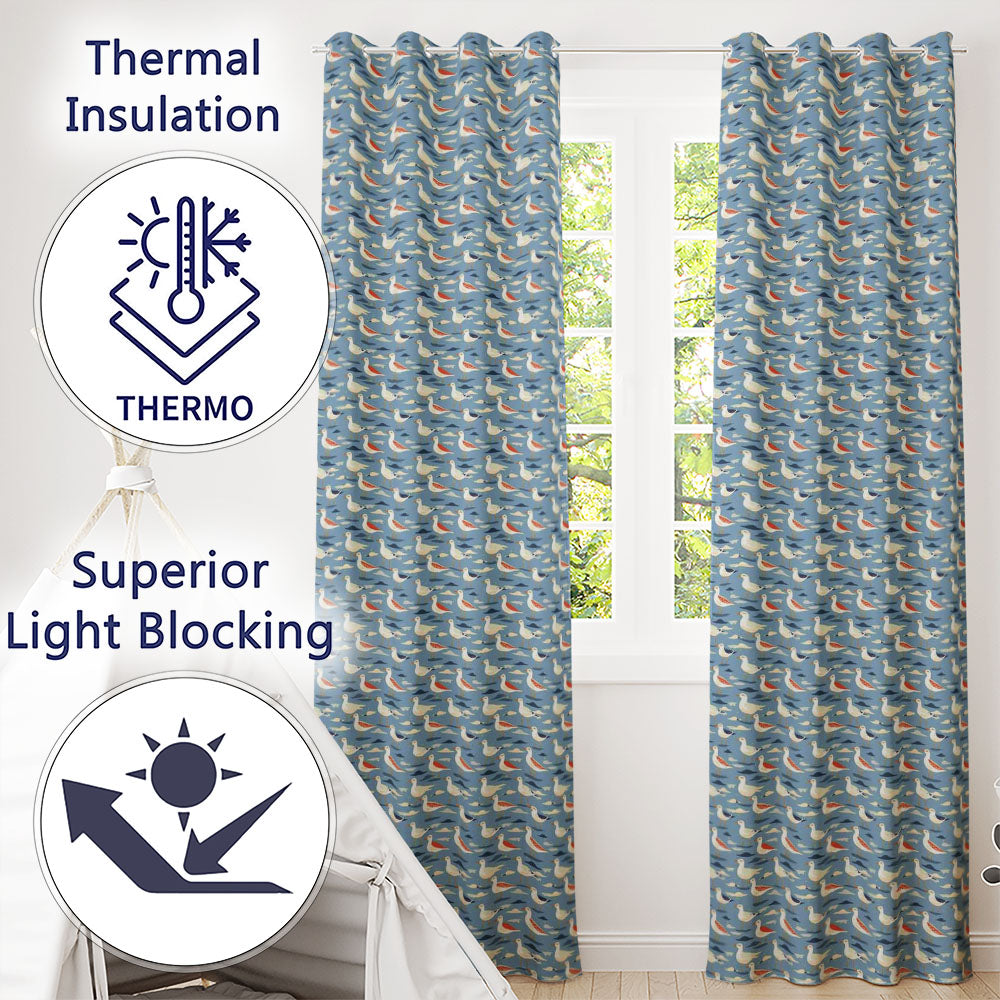Stylized Seagulls with Abstract Ocean Shapes Seamless Pattern  Readymade Eyelet Ring Top Thermal 100% Blackout Curtains