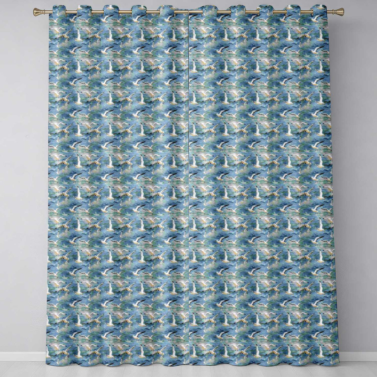 Soft Watercolor Seagulls in Flight Over Sea Seamless Pattern  Readymade Eyelet Ring Top Thermal 100% Blackout Curtains