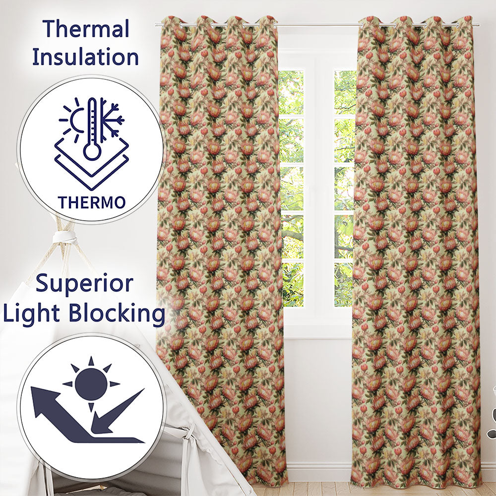 Vintage Protea Floral Botanical Seamless Pattern  Readymade Eyelet Ring Top Thermal 100% Blackout Curtains