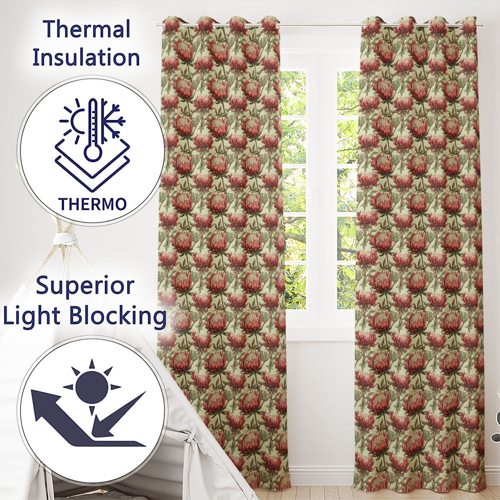 Vintage Style Red Protea Floral Seamless Pattern  Readymade Eyelet Ring Top Thermal 100% Blackout Curtains