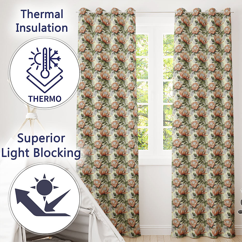 Neutral Tone Protea Botanical Floral Seamless Pattern  Readymade Eyelet Ring Top Thermal 100% Blackout Curtains