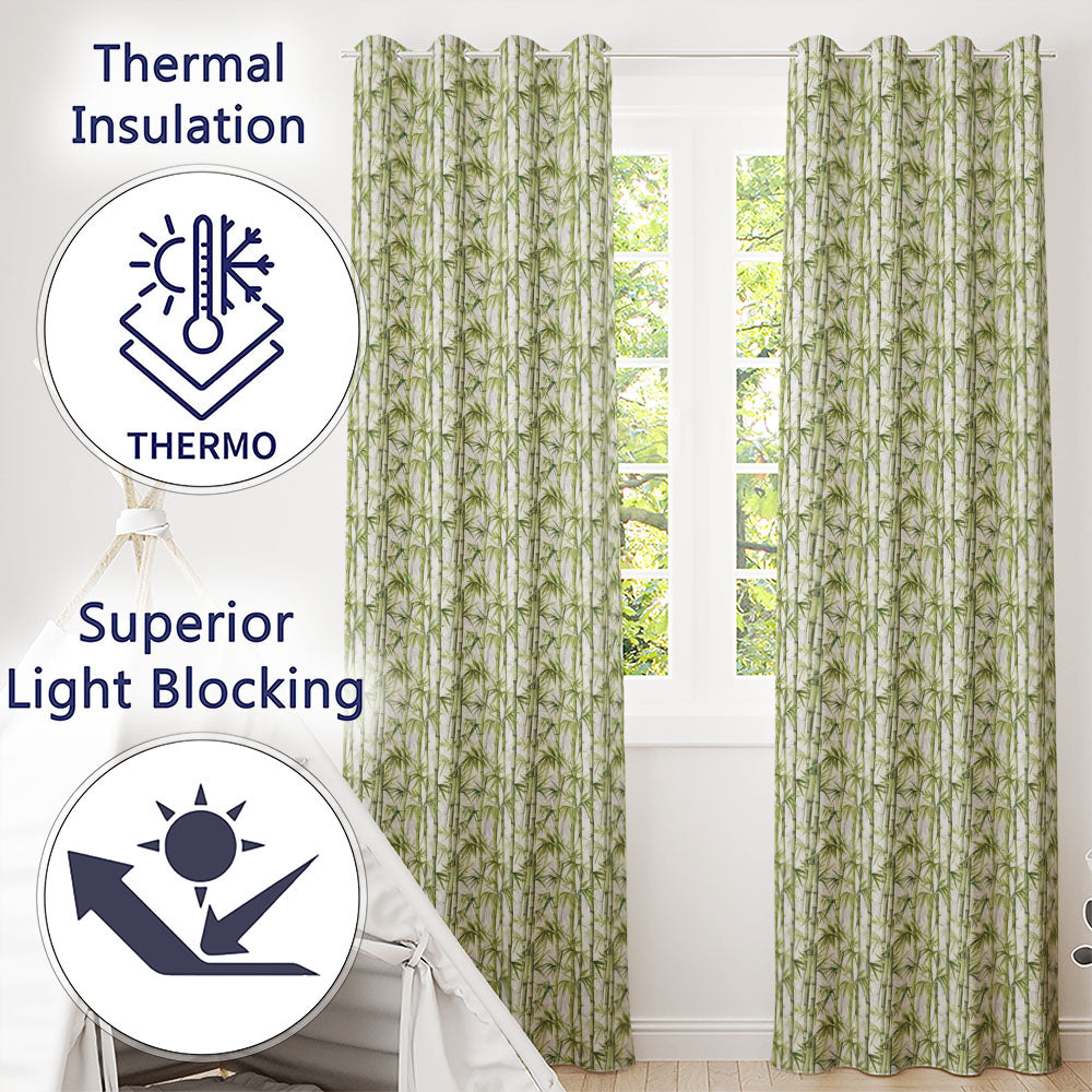 Light Green Bamboo Leaves with Soft White Background Seamless Pattern  Readymade Eyelet Ring Top Thermal 100% Blackout Curtains