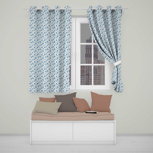 Blue Botanical Leaves Watercolor Floral Seamless Pattern  Readymade Eyelet Ring Top Thermal 100% Blackout Curtains