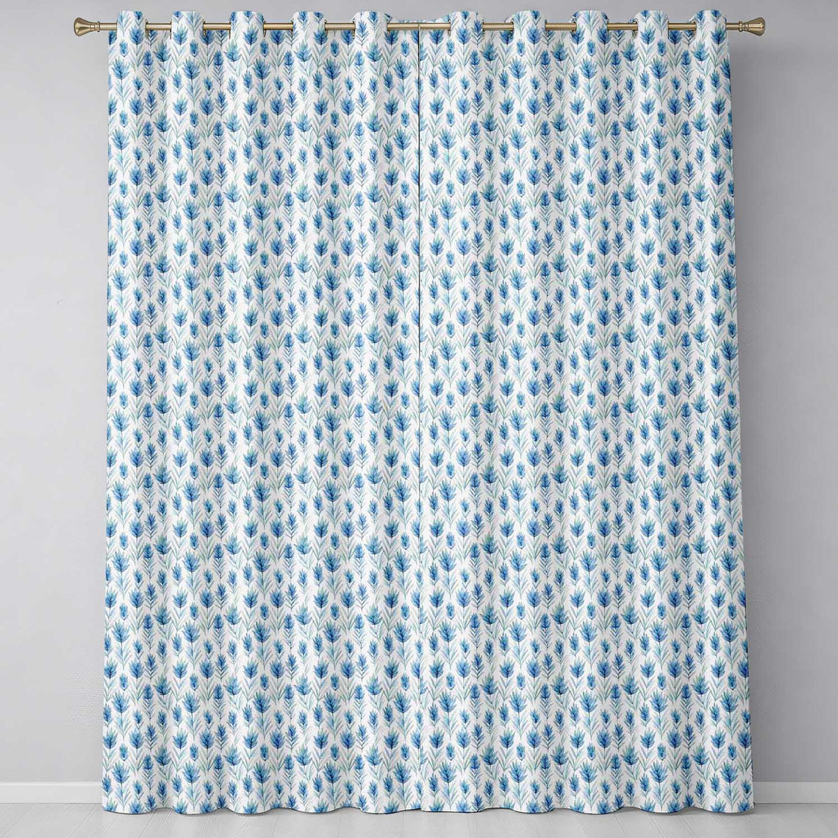 Blue Botanical Leaves Watercolor Floral Seamless Pattern  Readymade Eyelet Ring Top Thermal 100% Blackout Curtains